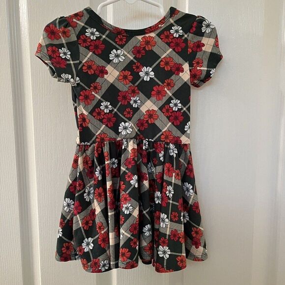 Dot Dot Smile Floral Plaid Cap Twirl Dress Red Green Christmas Holiday 12-24 Mos - Picture 7 of 9